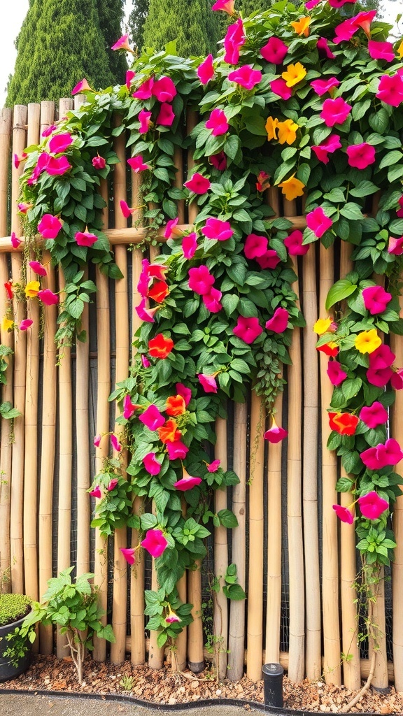 Decorative bamboo fence with colorful climbing flowers