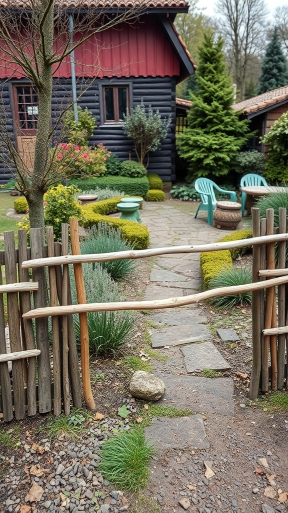 A rustic hurdle fence surrounding a garden path, leading to a cozy seating area.