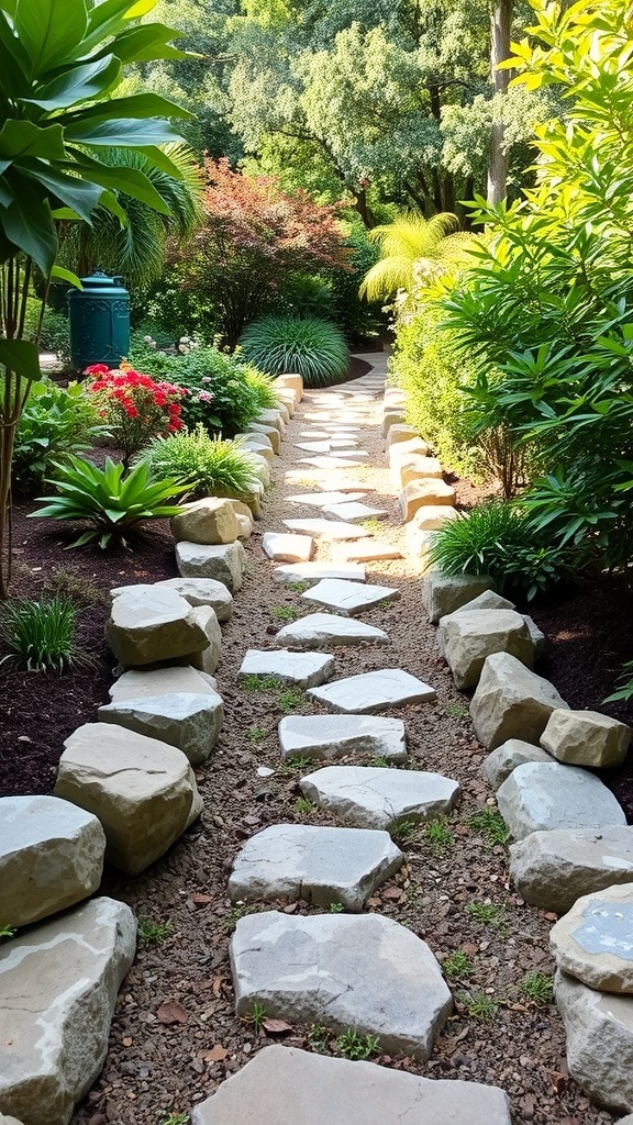 A stone pathway winding through a garden, bordered by rocks and greenery.