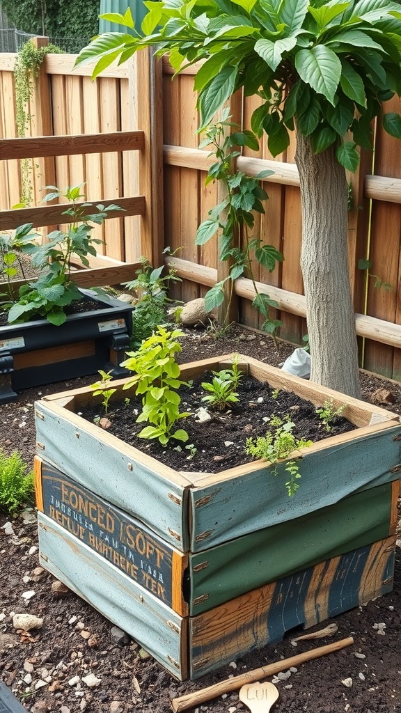 A raised garden bed made from recycled wood and metal, filled with herbs and plants.