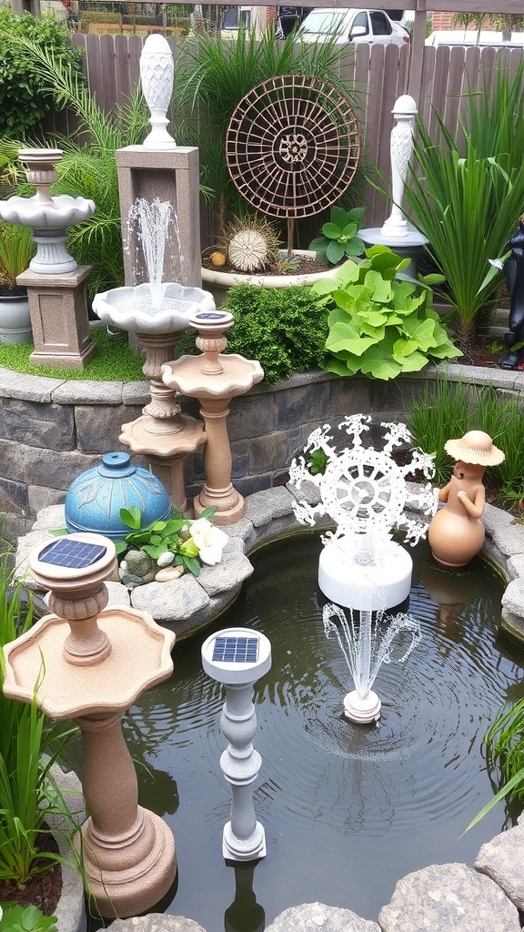 A decorative garden pond with various fountains and statues, showcasing a serene atmosphere.