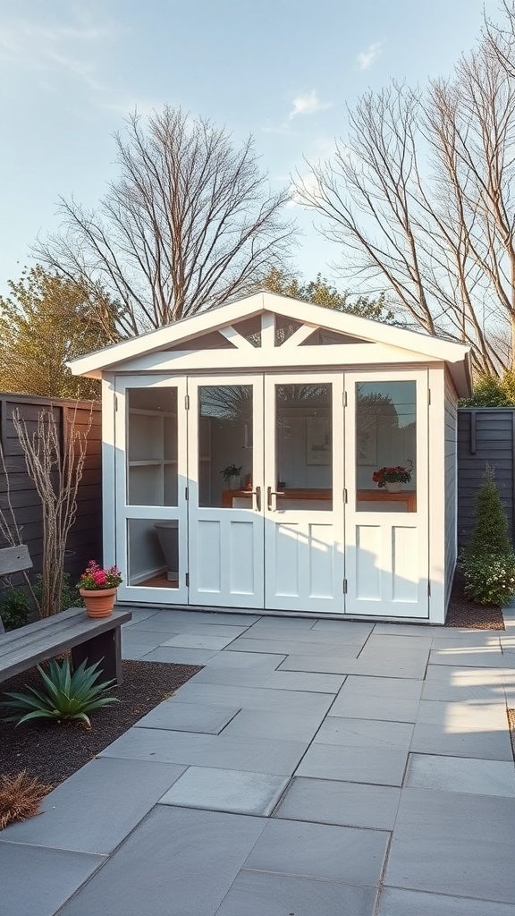 Modern minimalist white garden shed with large windows and a stone patio