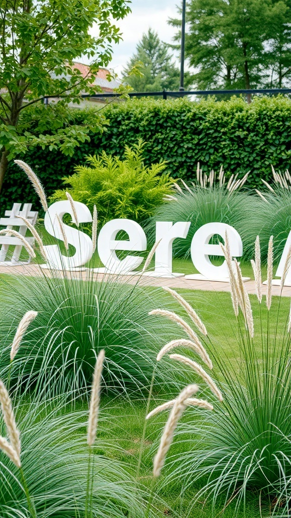 A children's play garden featuring soft ornamental grasses and large letters spelling '#Serene'.