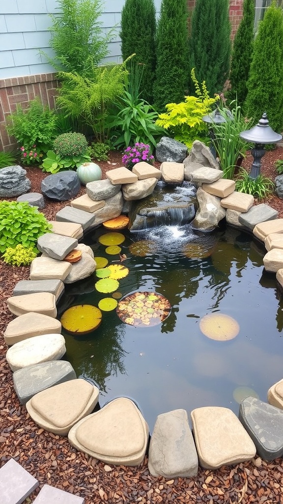 A garden pond with stone edging and pond liners, surrounded by plants and chairs.