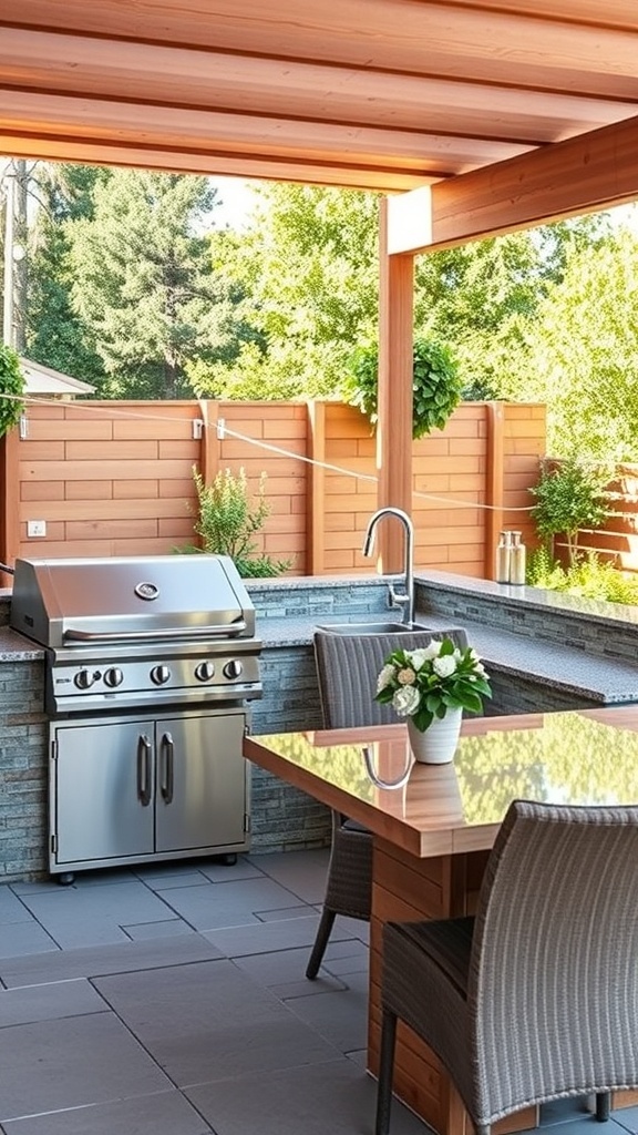 Stylish outdoor kitchen with a stainless steel grill, dining area, and greenery