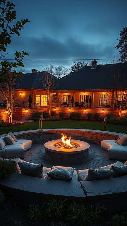 A cozy sunken fire pit area with circular seating and a glowing fire, surrounded by soft lighting.