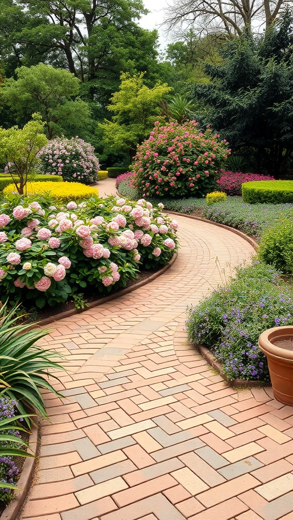 A winding brick pathway surrounded by colorful flowers and lush greenery in a garden.