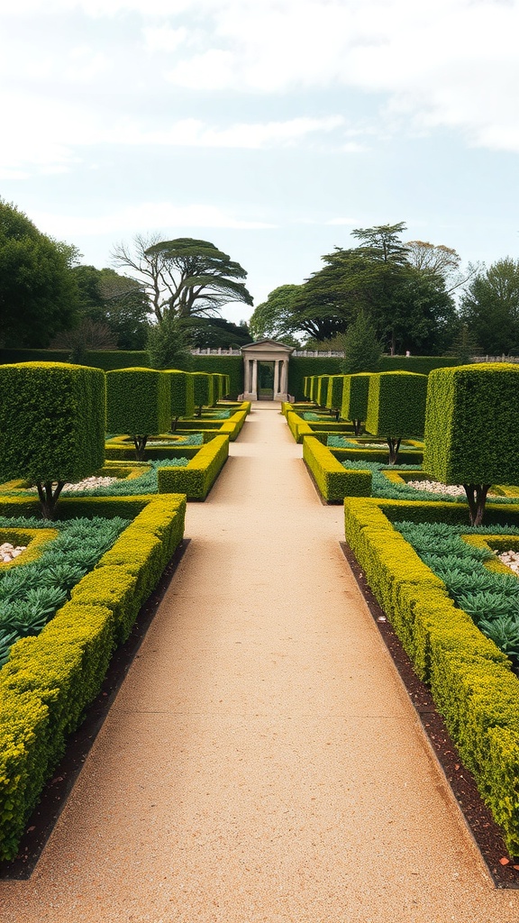 A formal garden with neatly trimmed hedges and a central pathway leading to a structure.