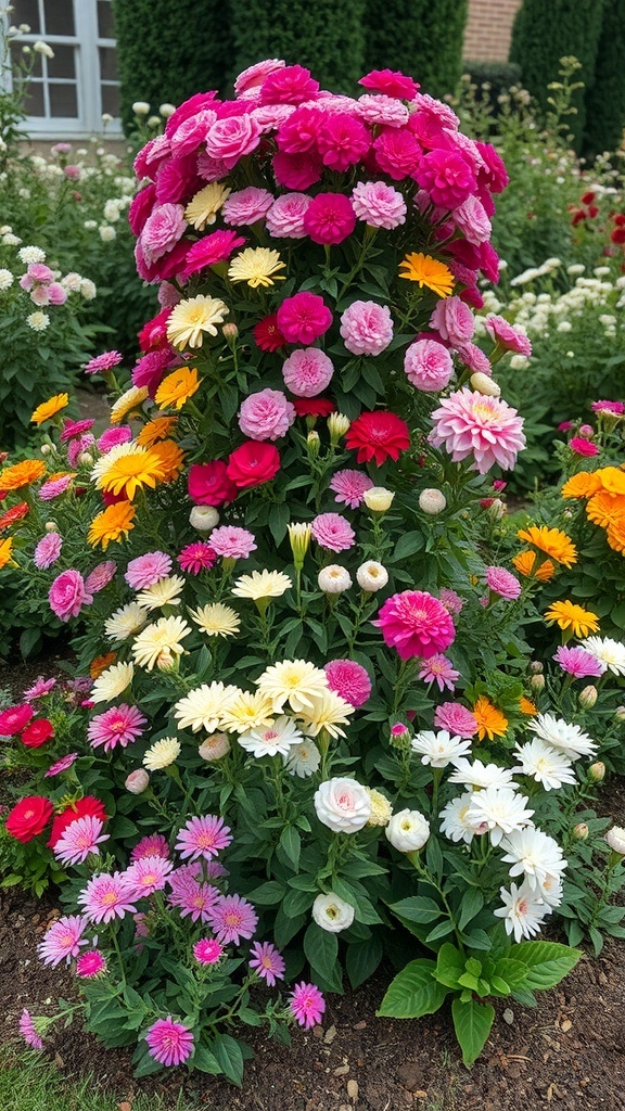 A colorful flower garden with layered heights of flowers in pink, white, yellow, and orange.