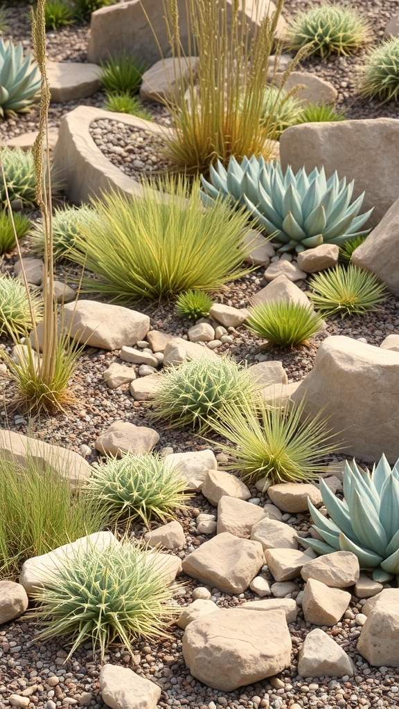 A xeriscape garden featuring rock beds and drought-resistant plants.