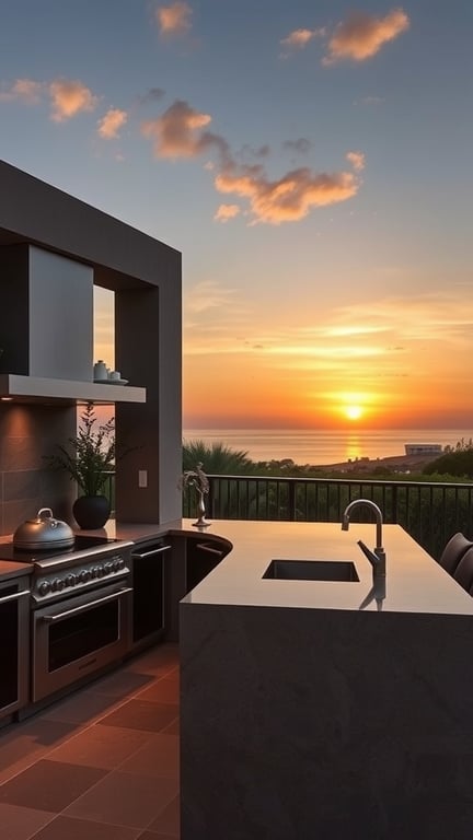 Luxury outdoor kitchen with dual sinks and a sunset view
