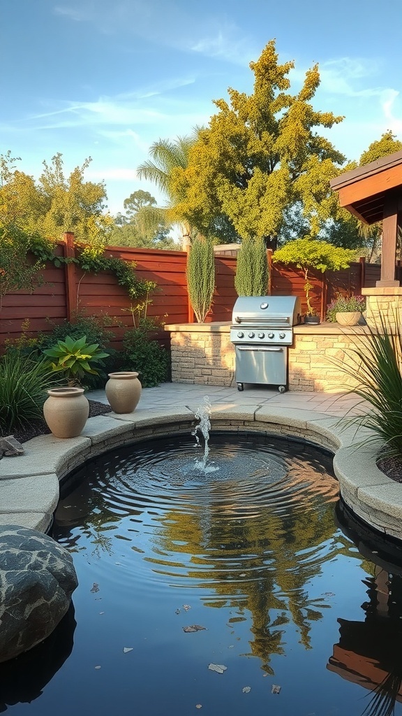 A garden BBQ area featuring a small pond with a fountain, surrounded by plants and a grill.