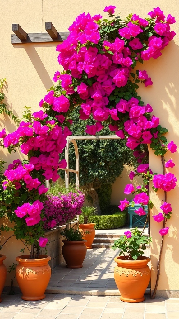 A vibrant Mediterranean style trellis covered in pink bougainvillea flowers, with terracotta pots and a sunny garden backdrop.