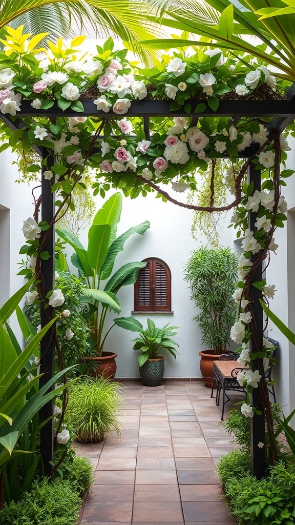 A tropical courtyard garden featuring a trellis covered in white and pink flowers, surrounded by lush green plants.