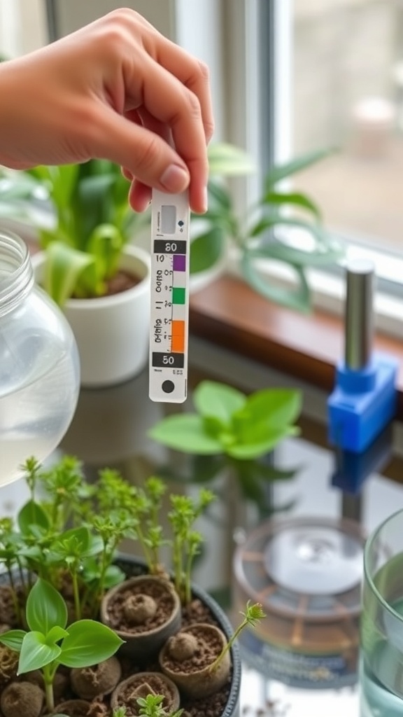 Person testing water quality in an indoor water garden with plants