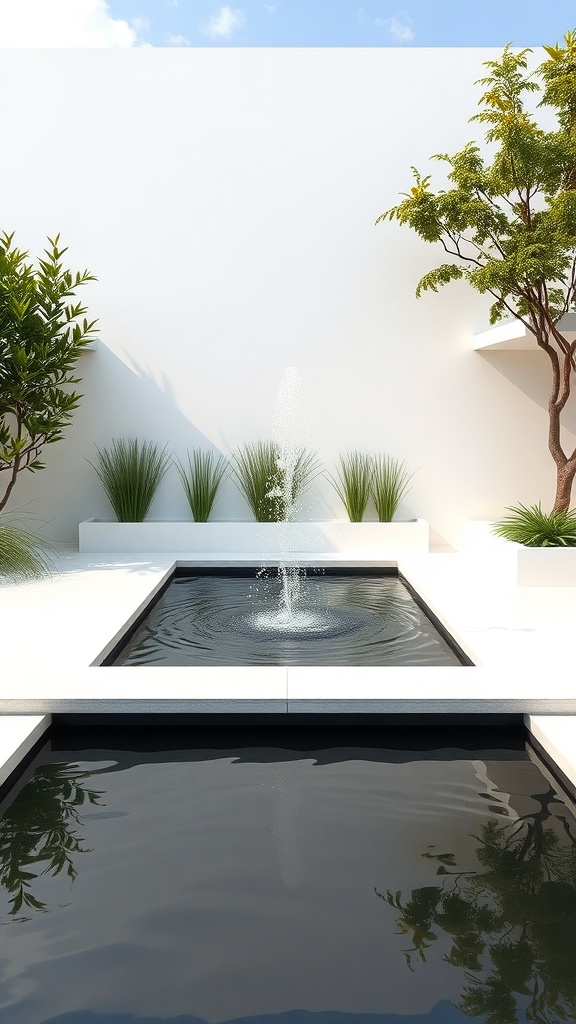 A modern minimalist pond with a fountain, surrounded by plants and a clean white backdrop.