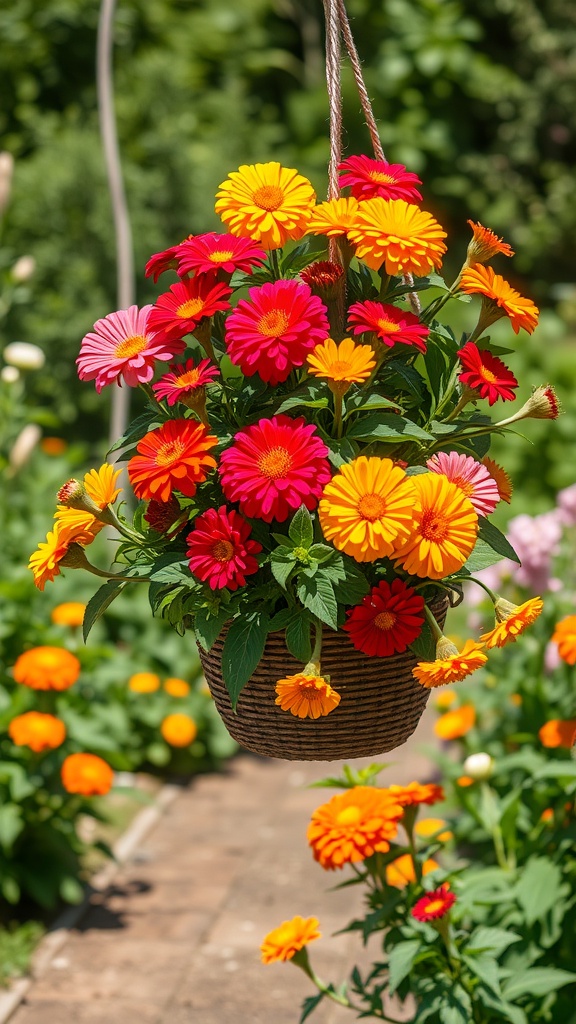A hanging basket filled with bright red, pink, and yellow flowers.