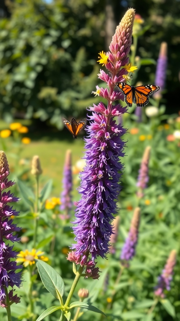 A Butterfly Bush with purple flowers and butterflies around it.