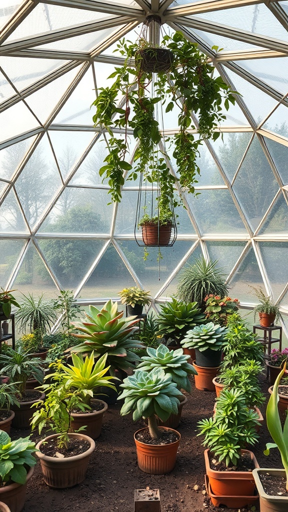 Interior view of a geodesic dome greenhouse filled with various potted plants and hanging greenery.
