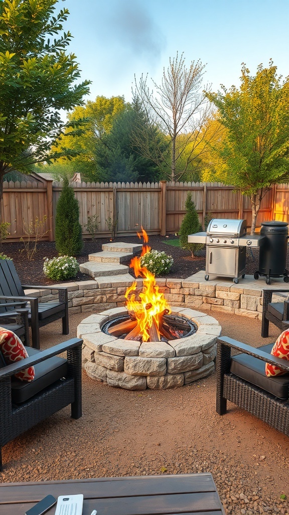 A cozy fire pit surrounded by chairs in a garden BBQ area