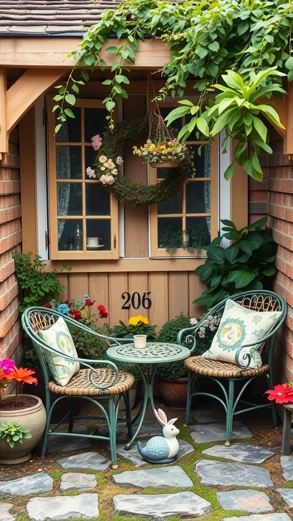 A cozy garden nook with vintage chairs, a round table, and colorful flowers.