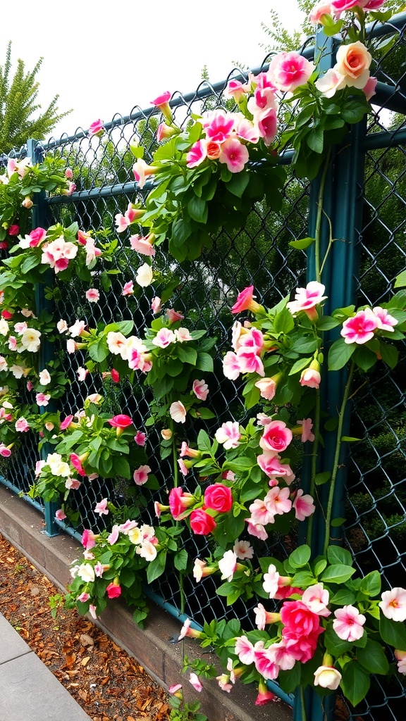 A colorful chain-link fence decorated with pink and white flowers.