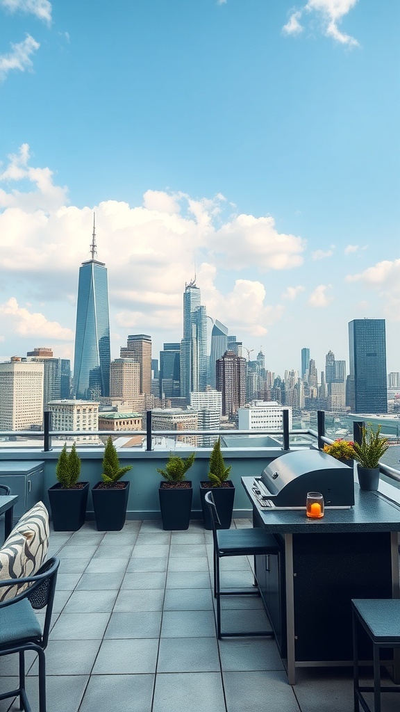 A modern rooftop kitchen with a grill, seating, and a view of a city skyline.