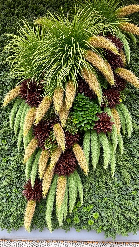 Vertical garden featuring hanging grasses and green plants with large letters in the background.