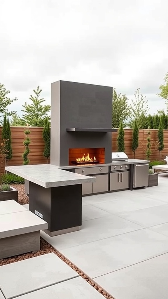 Modern outdoor kitchen with a fireplace, featuring a sleek design and minimalist aesthetic.