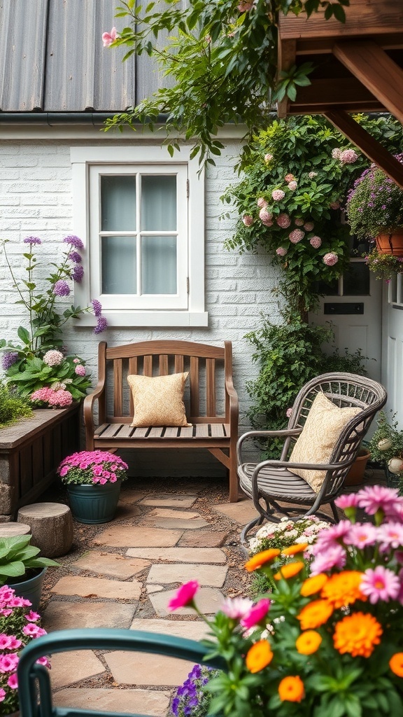 A cozy garden corner with a wooden bench, a stylish chair, and colorful flowers in pots.