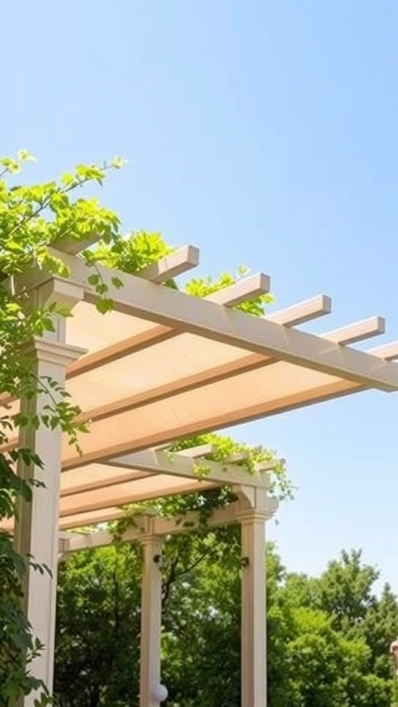 A pergola with a canopy providing shade, surrounded by greenery