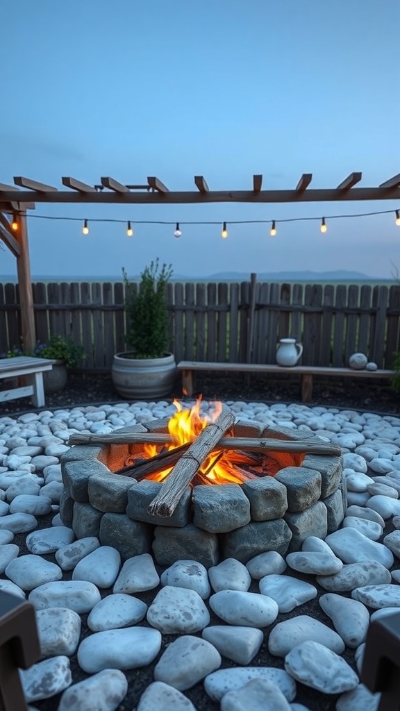 A rustic fire pit made of natural stones surrounded by smooth white stones, with a warm fire burning and string lights overhead.