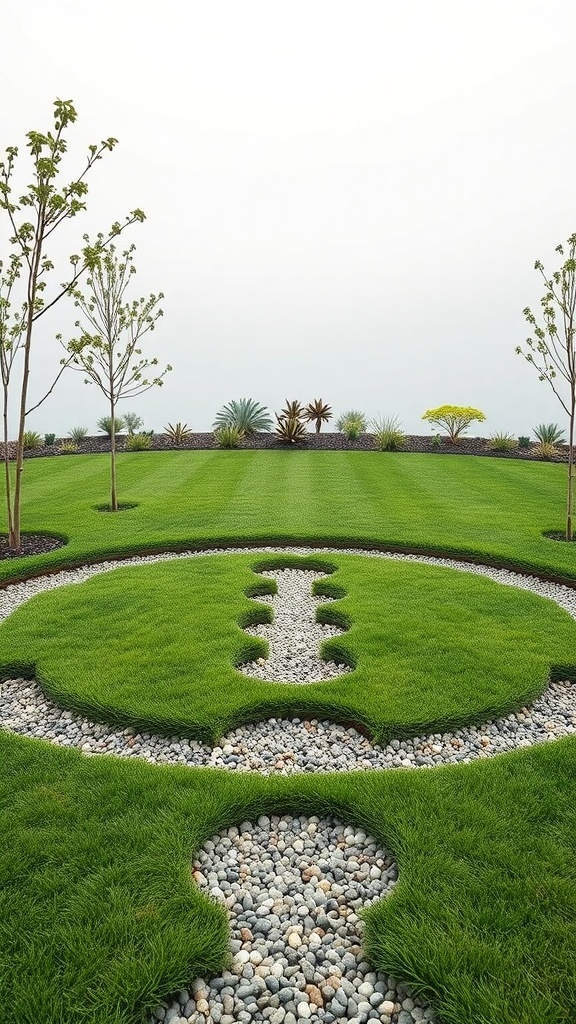 A circular lawn surrounded by decorative gravel, featuring young trees and various plants.