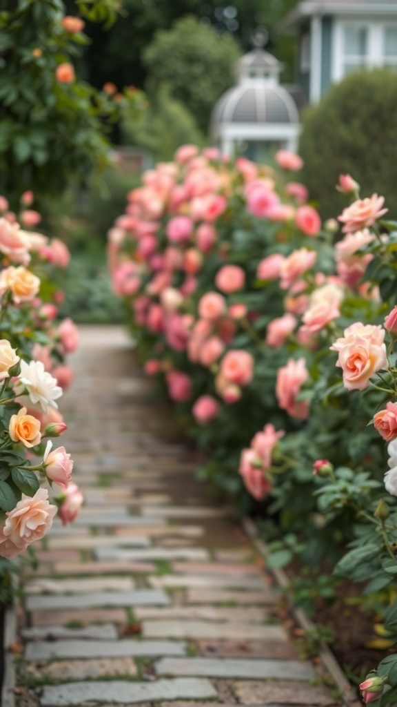 A picturesque garden pathway lined with pink and cream roses, leading to a charming gazebo.