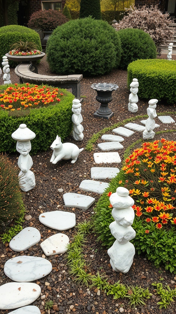 A garden path made of white stones surrounded by colorful flowers and decorative sculptures.
