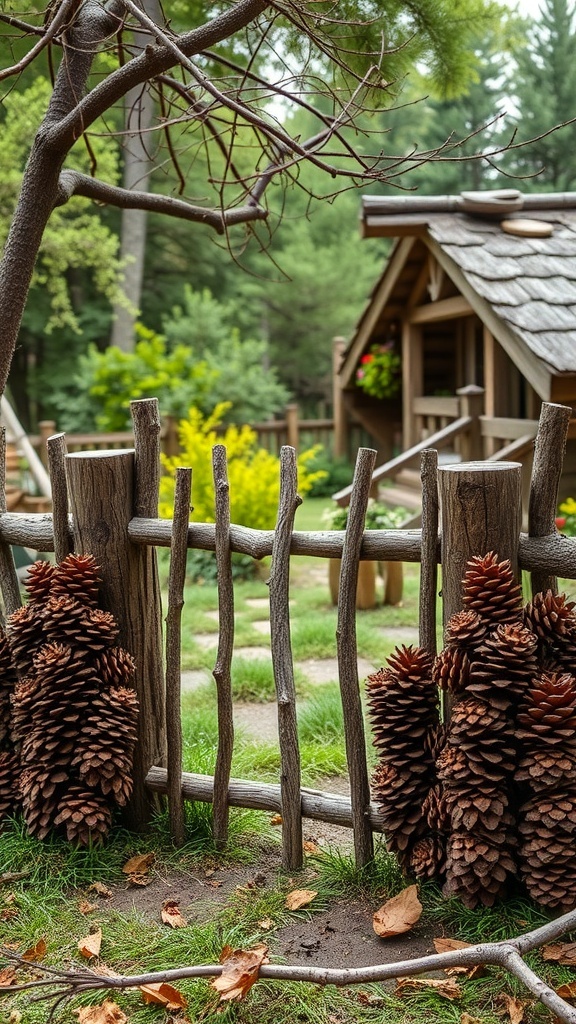 A rustic garden fence made of branches and decorated with pinecones