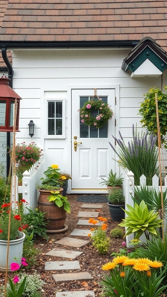 A charming cottage front garden with colorful flowers and greenery, featuring a stone pathway leading to the door.
