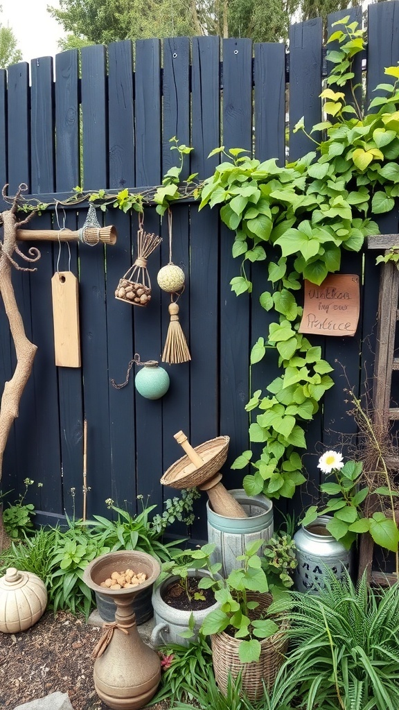A garden with a wooden black fence, featuring hanging decorations and lush greenery.