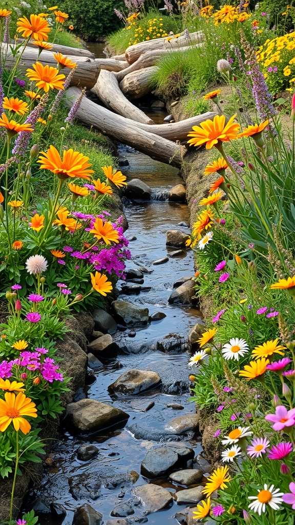 A vibrant wildflower stream garden with orange daisies, pink flowers, and a gentle stream.
