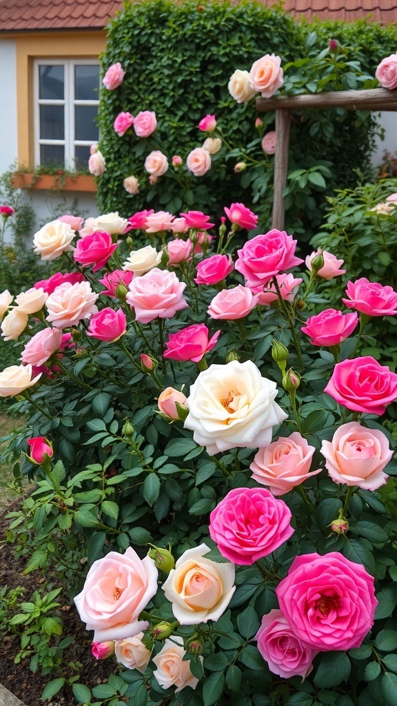 A vibrant rose garden with pink and white roses blooming near a cottage.