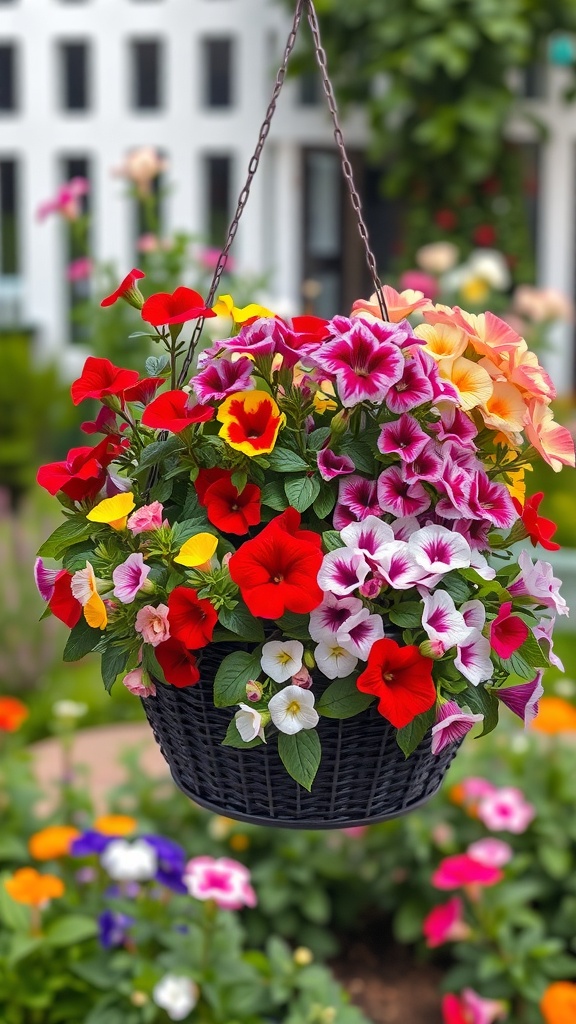A hanging basket filled with colorful flowers including petunias and pansies.