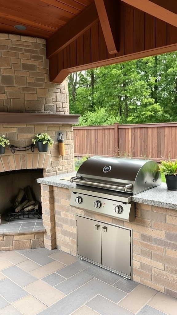 Outdoor kitchen featuring a built-in grill and fireplace, surrounded by greenery.