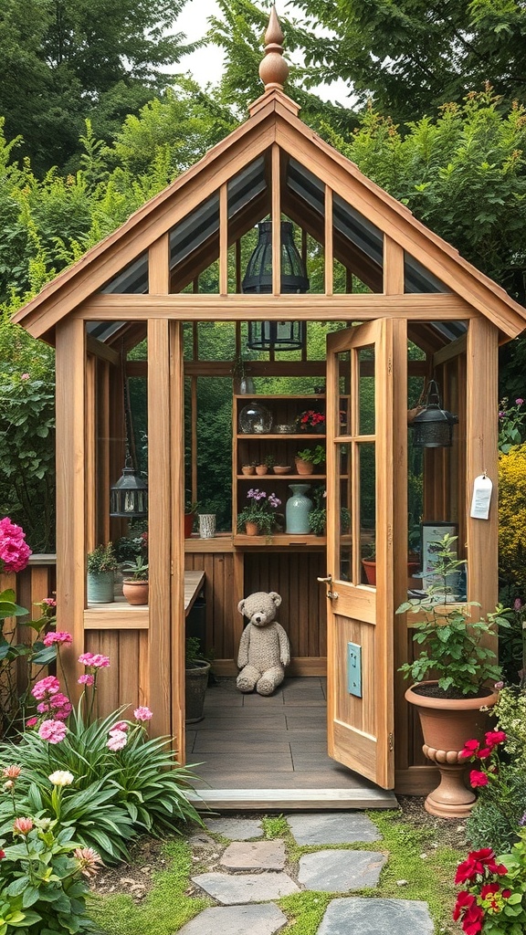 A rustic wooden greenhouse with a teddy bear inside, surrounded by flowers and greenery.