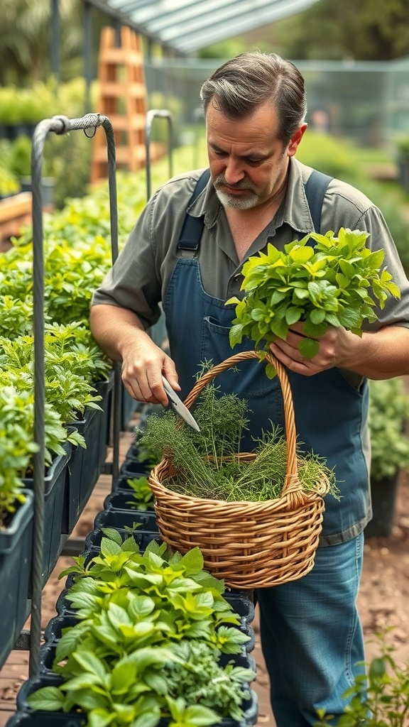 A person harvesting herbs in a greenhouse, holding scissors and a basket.