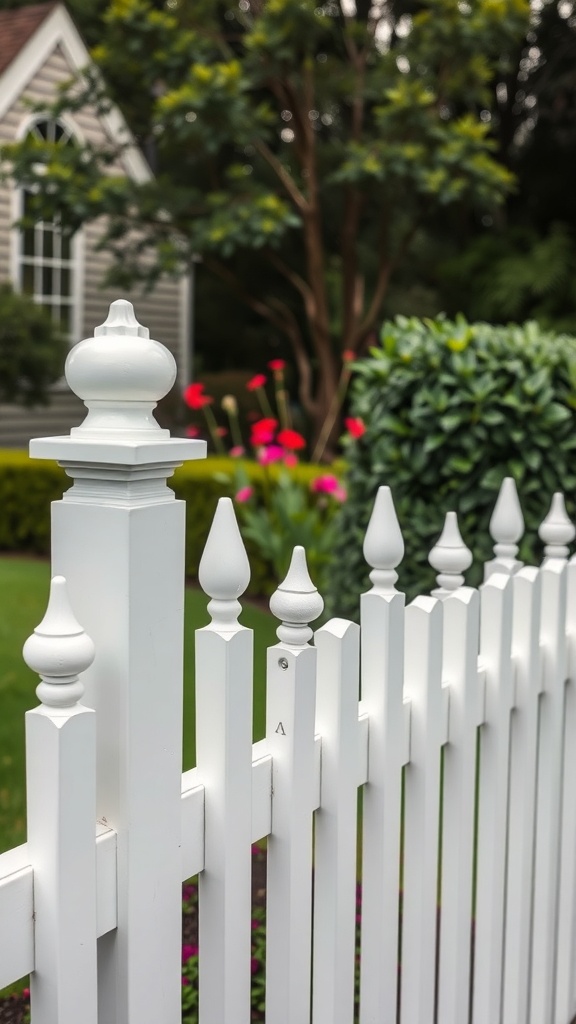 A close-up of a white vinyl fence with decorative caps in a garden setting.