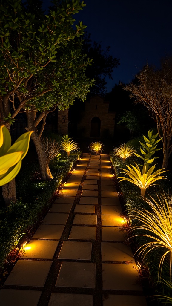 A beautifully lit pathway in a garden at night, surrounded by plants and trees.