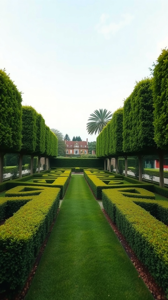 A formal garden with symmetrical tree arrangements and a central pathway leading to a building.