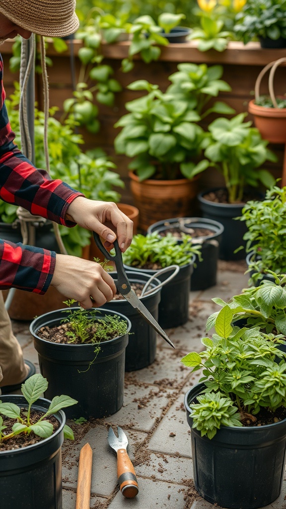 A person pruning herbs in containers, surrounded by lush greenery.