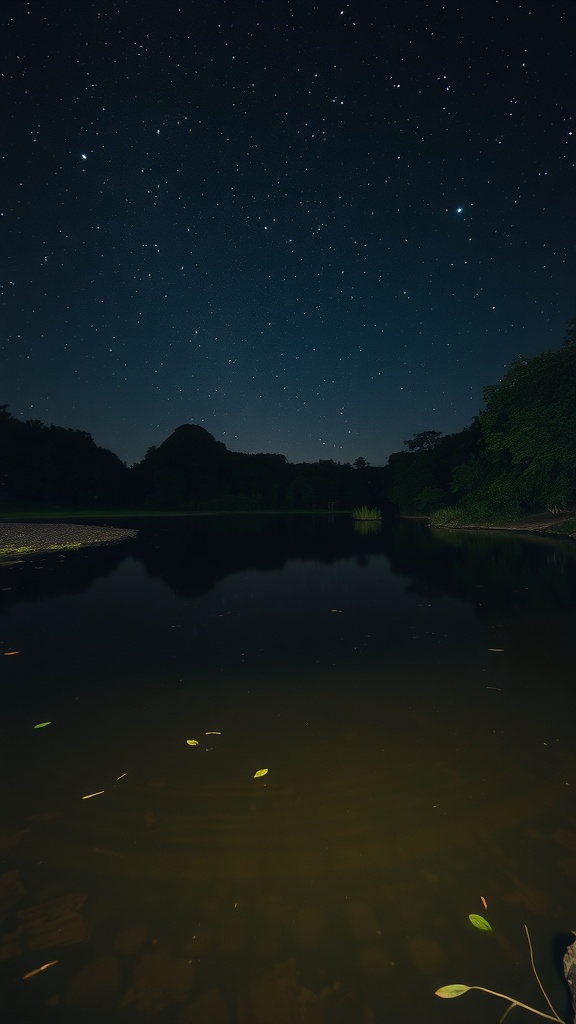 A serene pond at night reflecting stars in the sky