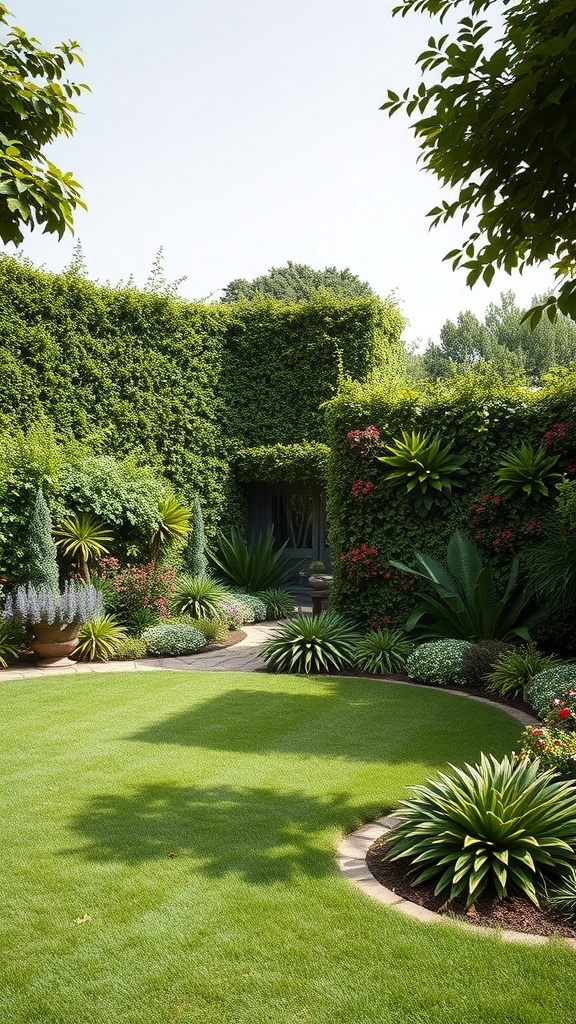 A circular lawn surrounded by lush vertical gardens, featuring various plants and a winding path.